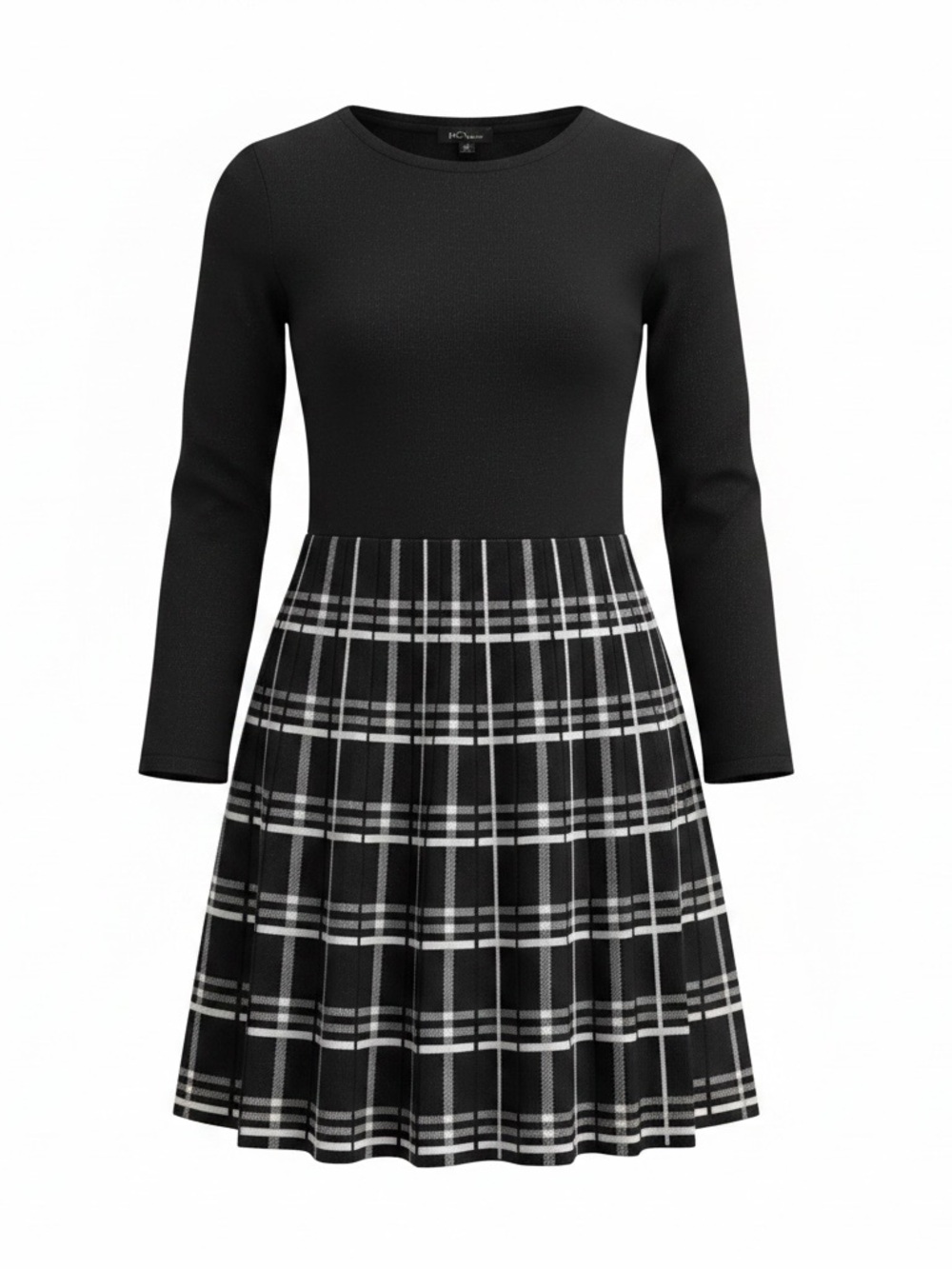 BCX Black Long Sleeve Fit-and-Flare Plaid Skirt Dress